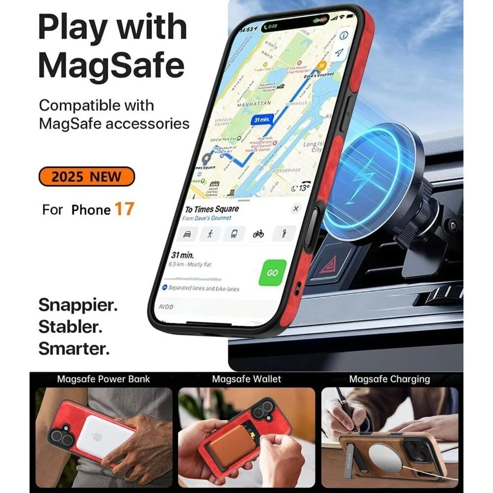 Red Iphone 17 Pro Max Invisible Stand Protective Slim Kickstand Leather Case